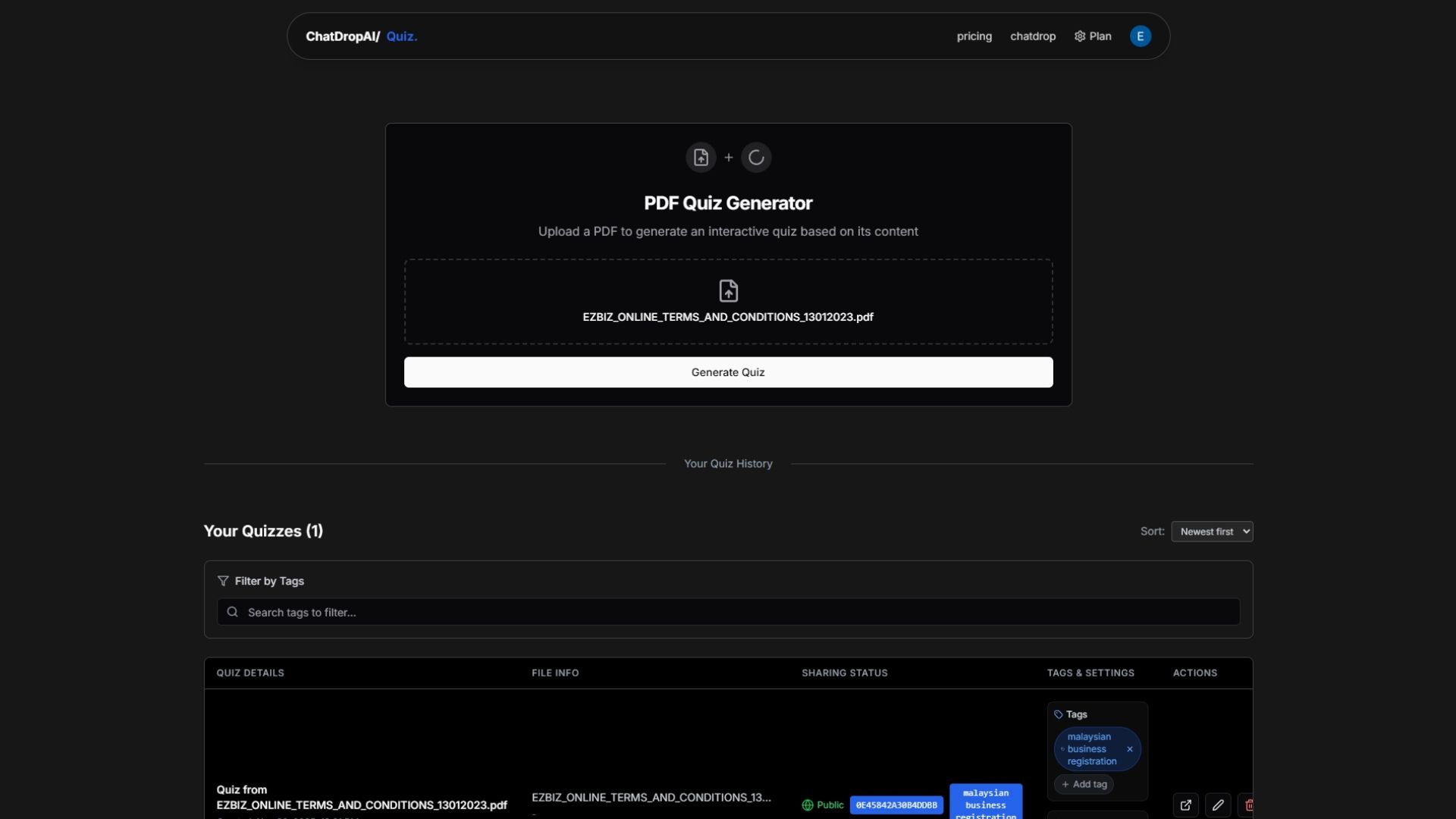 Homepage PDF upload interface