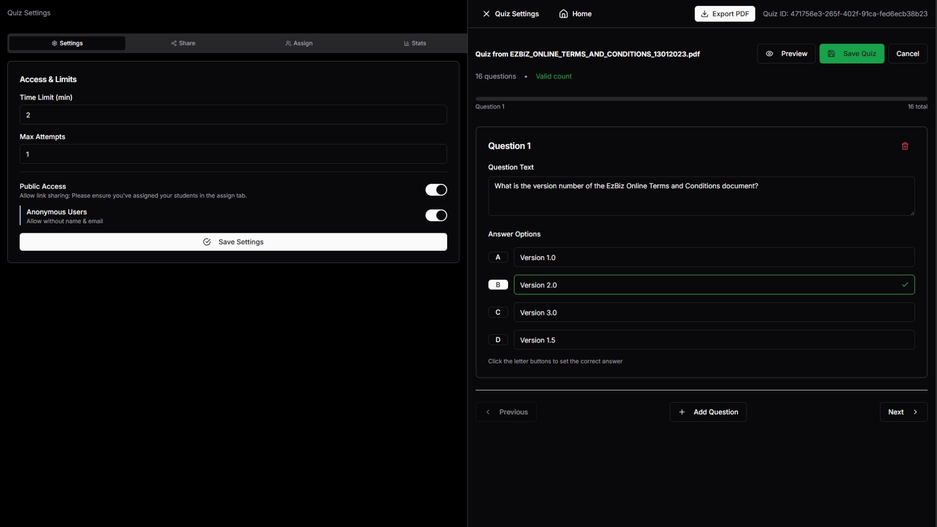 Quiz creation dashboard interface